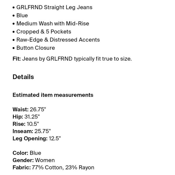 GRLFRND Helena Jeans Size 26" Waist Mid-Rise Distressed Ripped Straight Crop - Picture 5 of 5